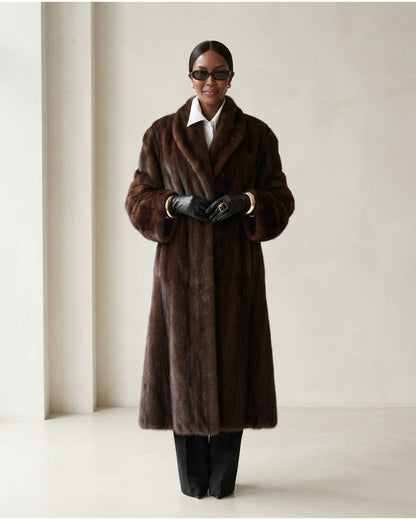 Faux Fur Coat in Chocolate Brown with Shawl Collar 1