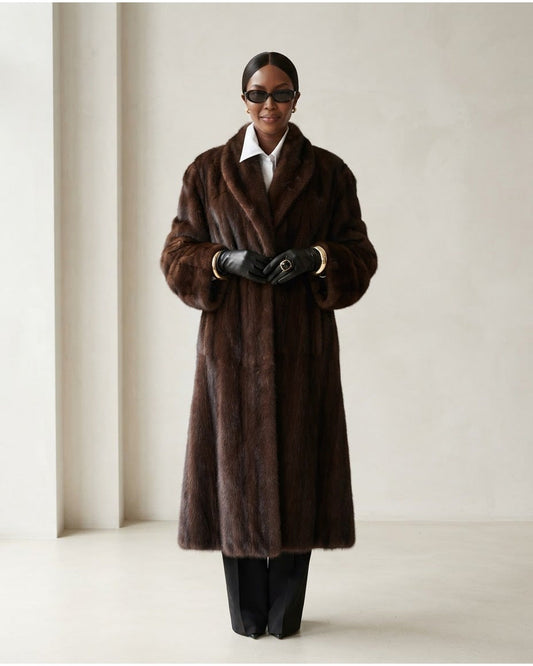 Faux Fur Coat in Chocolate Brown with Shawl Collar 1