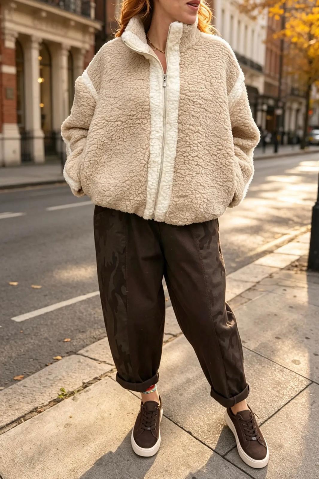 Faux Shearling Fleece Jacket with Deep Funnel Collar 1