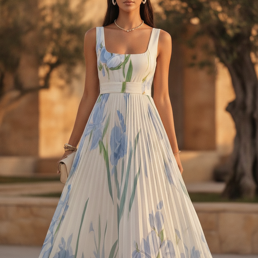 A-Line Floral Dress in Maxi Length with V-Neckline in Apricot & Purple