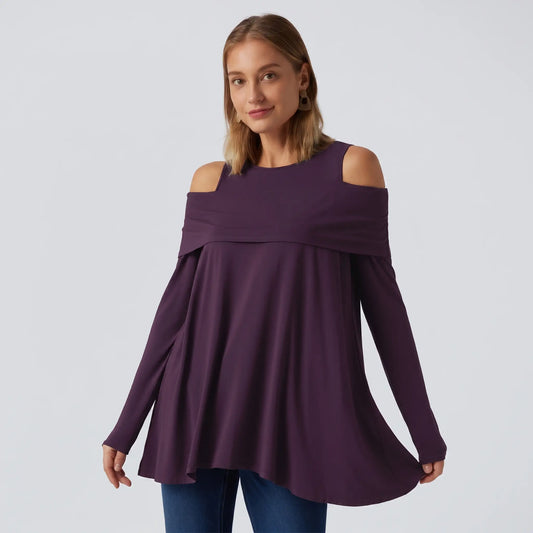 Round Neck Cold Shoulder Long Sleeve Casual Top