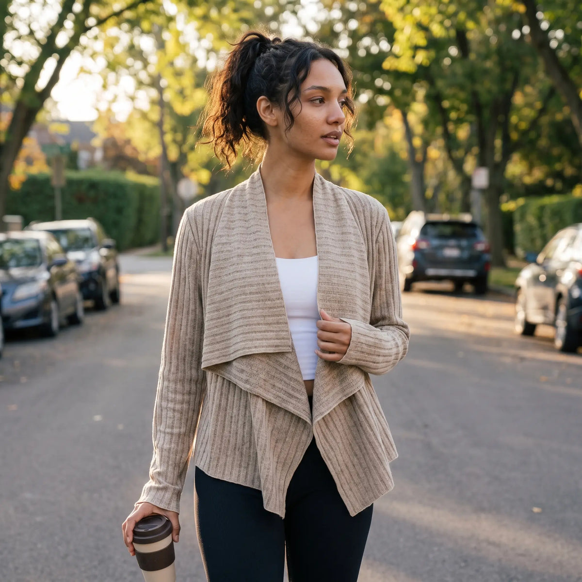 Ribbed Knit Collared Open Front Long Sleeve Casual Cardigan