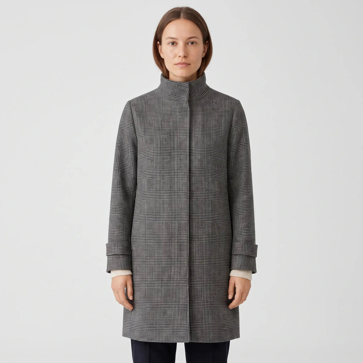 Women's Stand-Collar Coat - Checked - studio hero