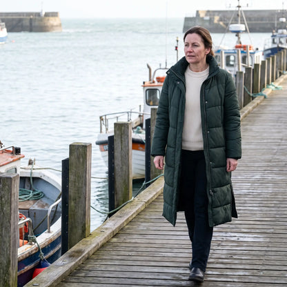 Women's Padded Coat with Side Zips - Dark Green - harbour walkway