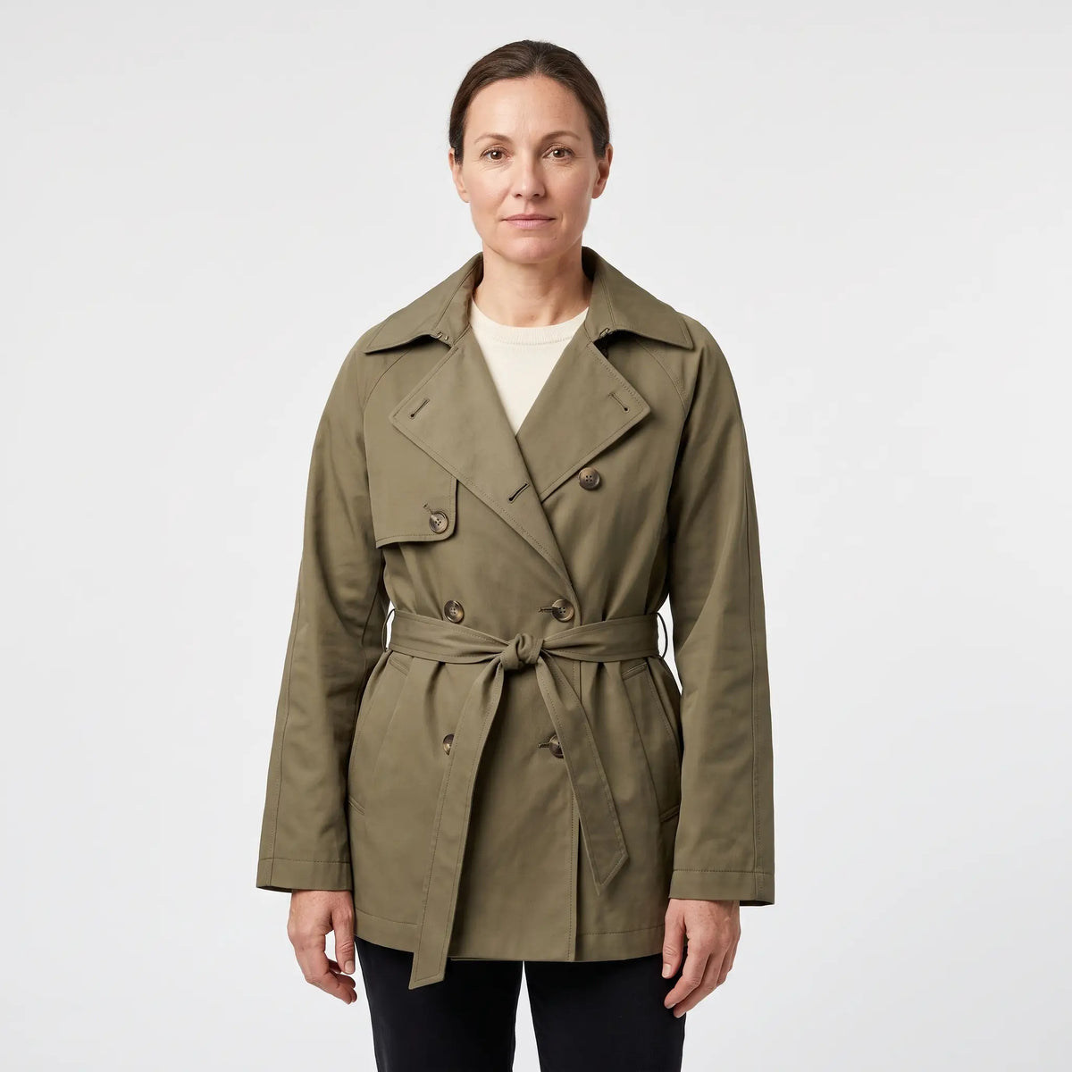 Women's Double-Breasted Short Trench Coat - Khaki Green - studio hero