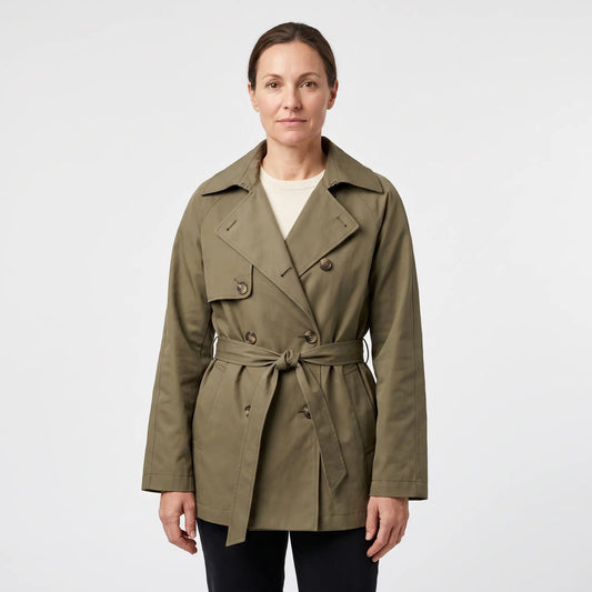 Women's Double-Breasted Short Trench Coat - Khaki Green - studio hero