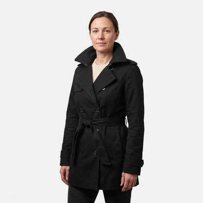 Women's Double-Breasted Short Trench Coat - Black - studio hero