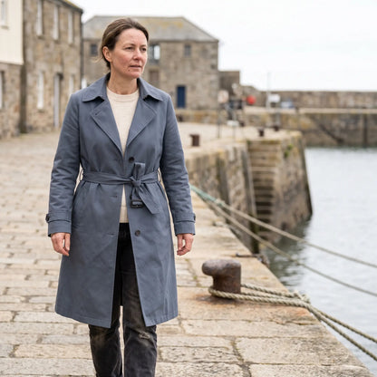 Women's Single-Breasted Trench Coat - Blue - harbour walkway