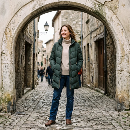 Women's Long Winter Coat - Dark Green - pale stone archway