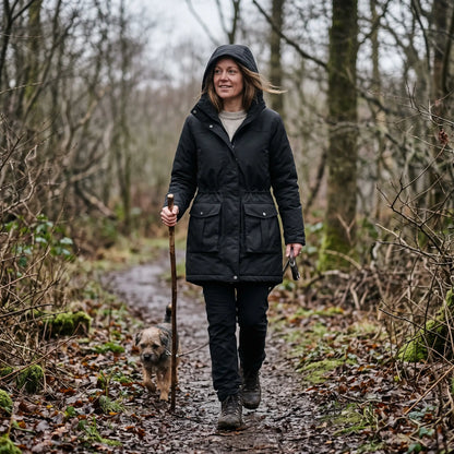 Women's Warm-Lined Long Parka - Black - woodland trail