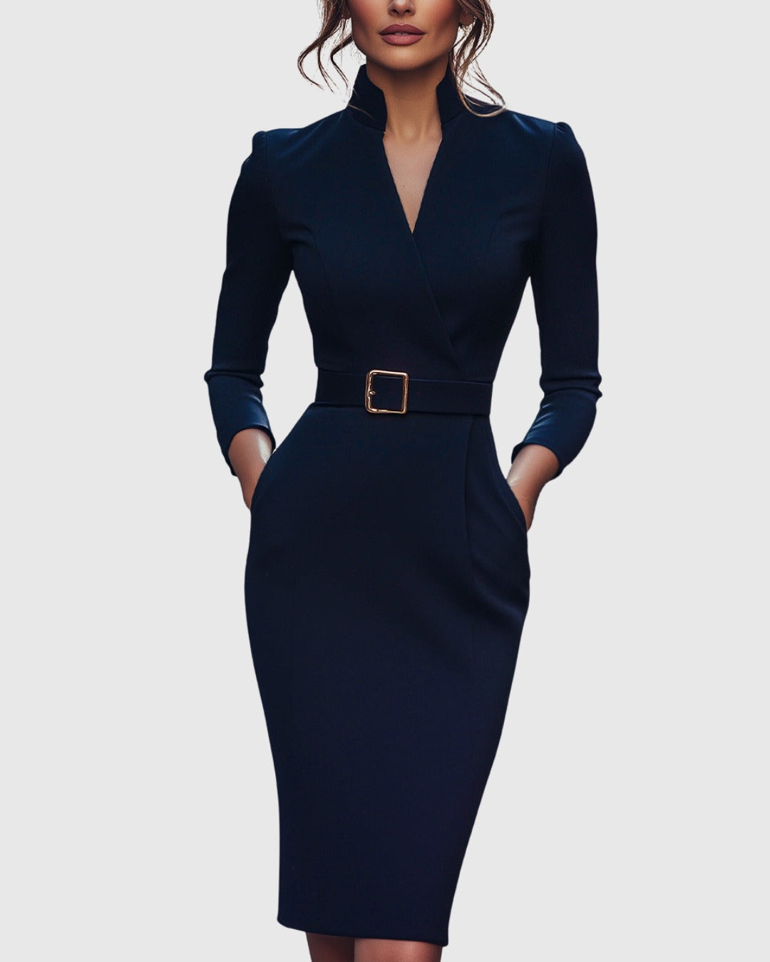 Bodycon Midi Dress with Long Sleeves for Cocktail Occasions in Navy Blue