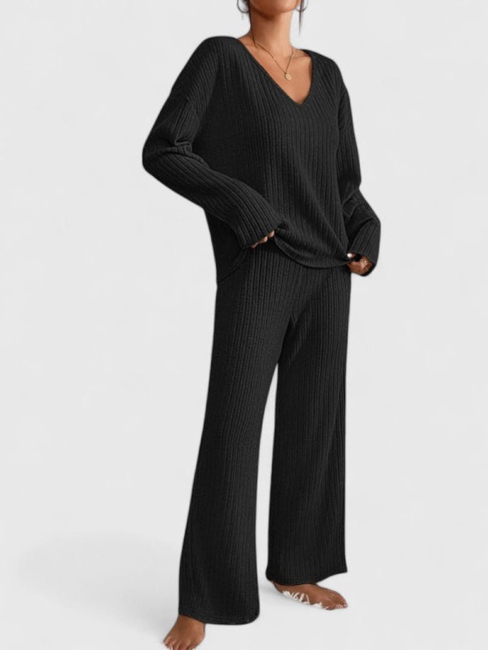 Knitted V-Neck Lounge Set with Wide-Leg Trousers 2