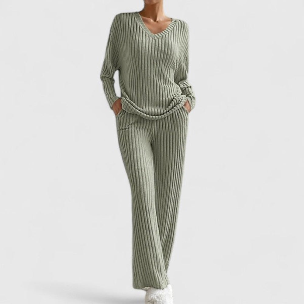 Knitted V-Neck Lounge Set with Wide-Leg Trousers 4