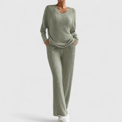 Knitted V-Neck Lounge Set with Wide-Leg Trousers 4