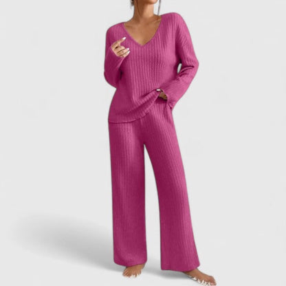 Knitted V-Neck Lounge Set with Wide-Leg Trousers 6