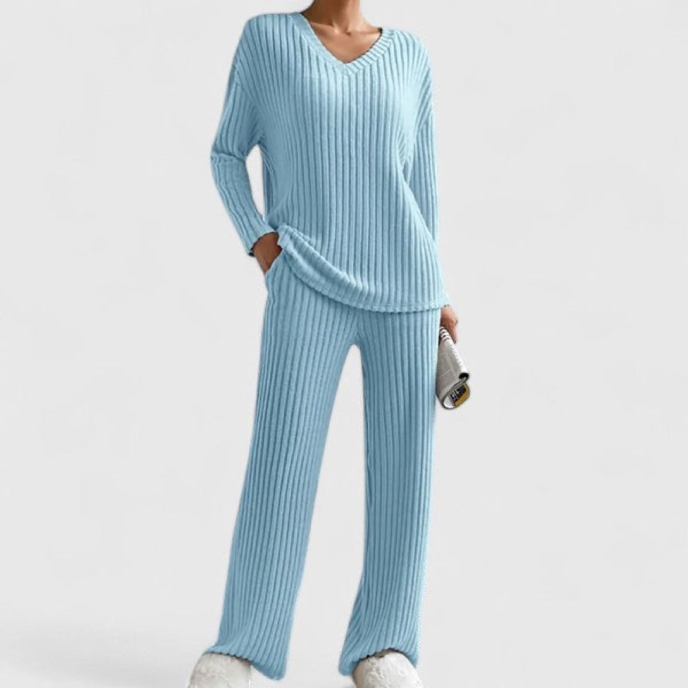 Knitted V-Neck Lounge Set with Wide-Leg Trousers 7