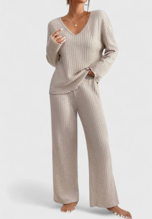 Knitted V-Neck Lounge Set with Wide-Leg Trousers 1
