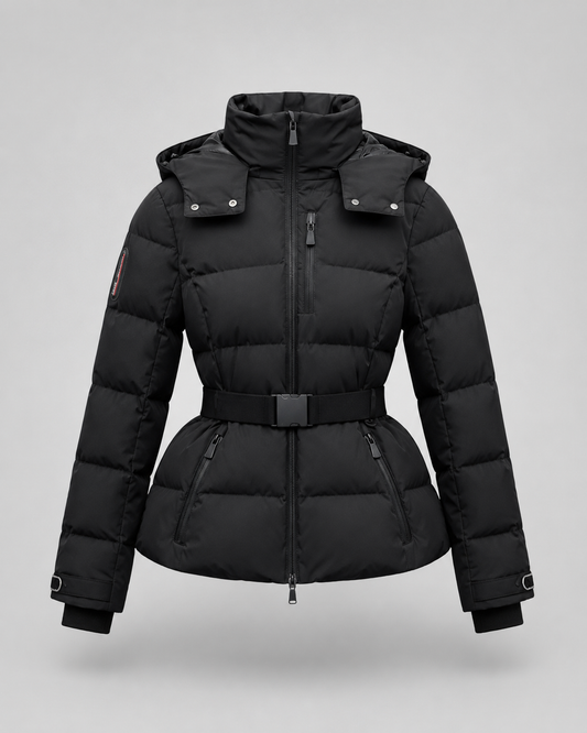 Ladies Puffer Jacket — Hooded, Belted, High Collar 1