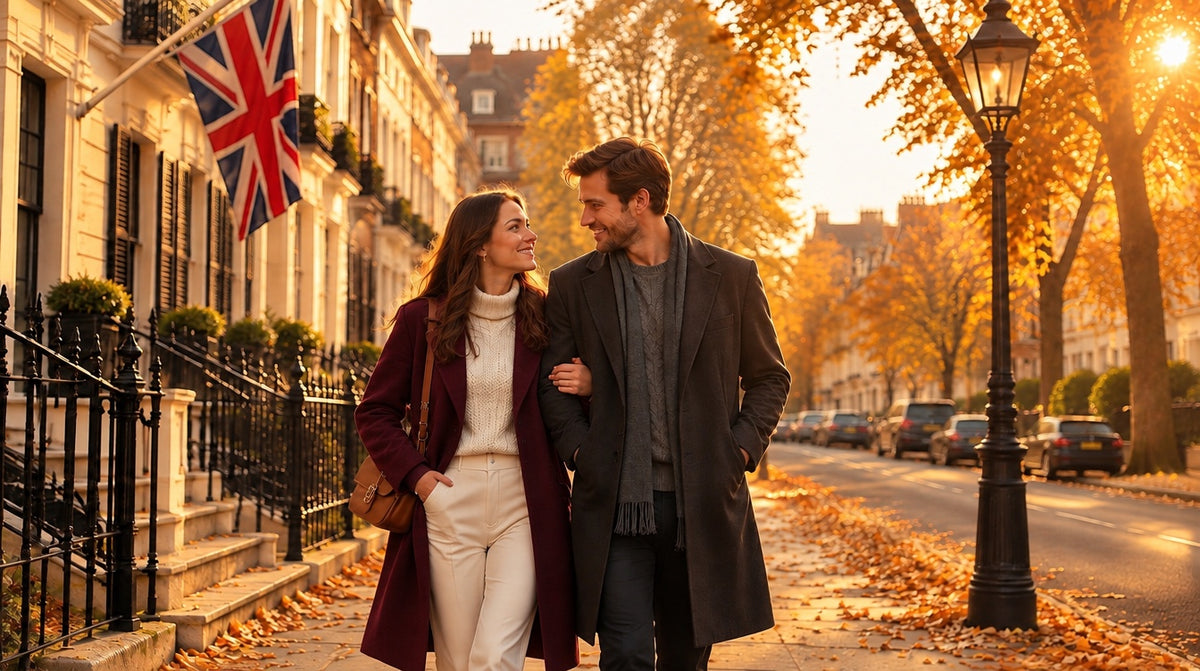 Couple walking arm in arm past cream London townhouses in golden autumn light