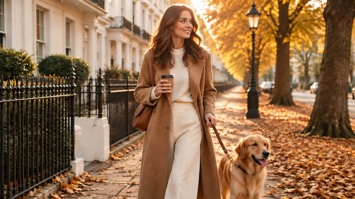 Woman in a camel coat walking her golden retriever along an autumn London street