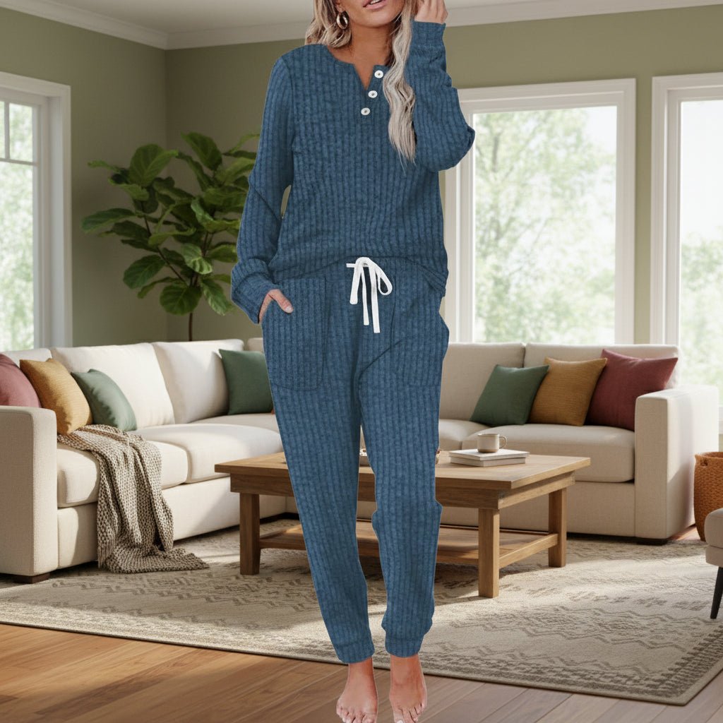 Lounge Wear Ribbed Henley Two-Piece Set — Jogger Co-ord 13