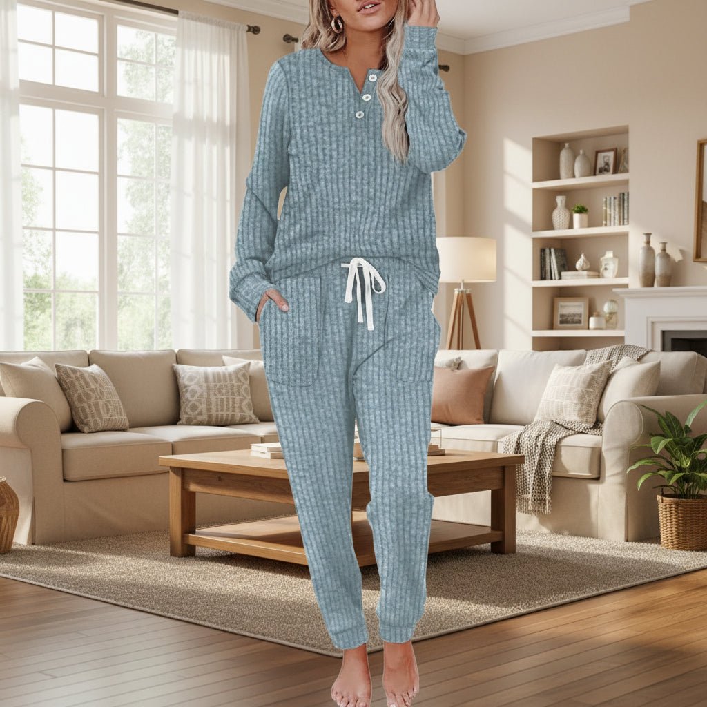 Lounge Wear Ribbed Henley Two-Piece Set — Jogger Co-ord 14