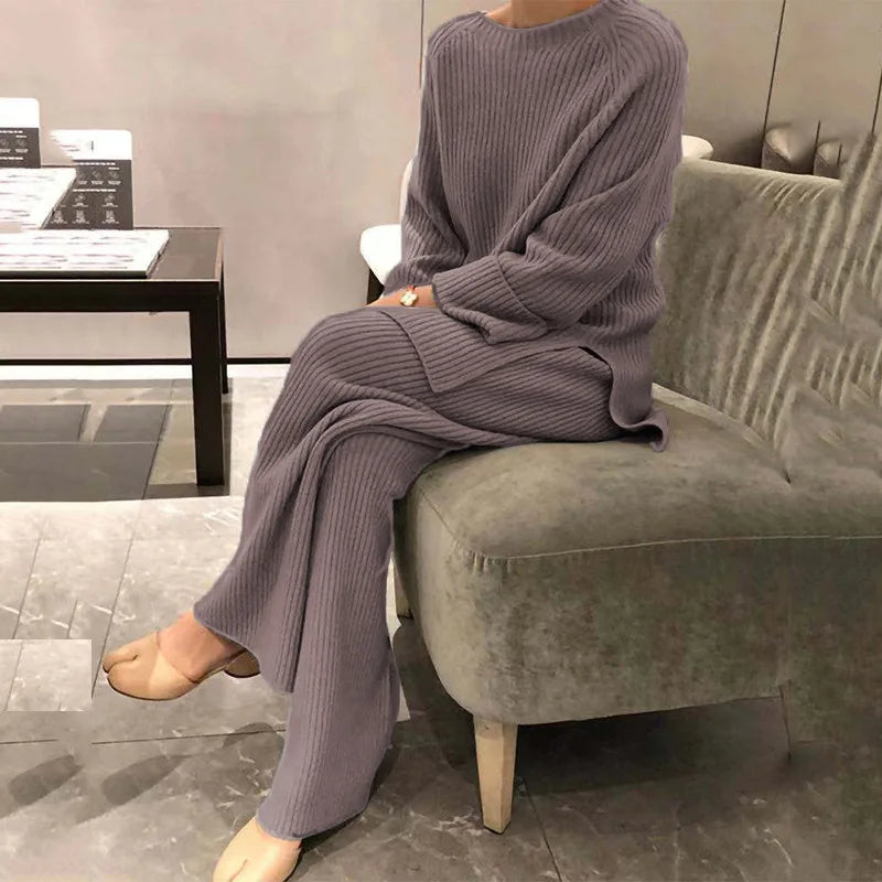 Lounge Wear Ribbed Knit Co-ord Set with Wide-Leg Trousers 2