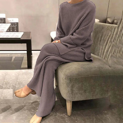 Lounge Wear Ribbed Knit Co-ord Set with Wide-Leg Trousers 2