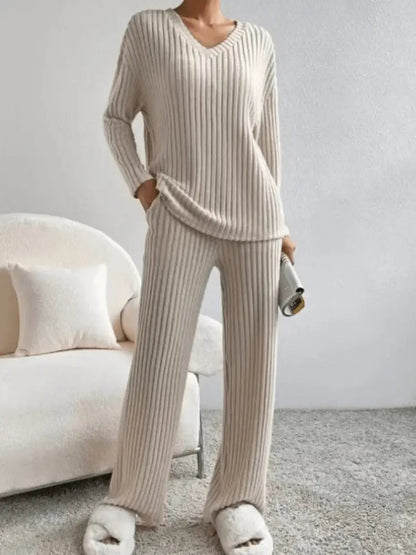 Ribbed Knit Lounge Wear Set — V-Neck Long Sleeve Top 2