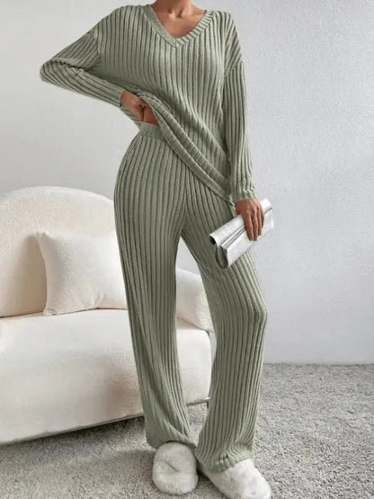 Ribbed Knit Lounge Wear Set — V-Neck Long Sleeve Top 4