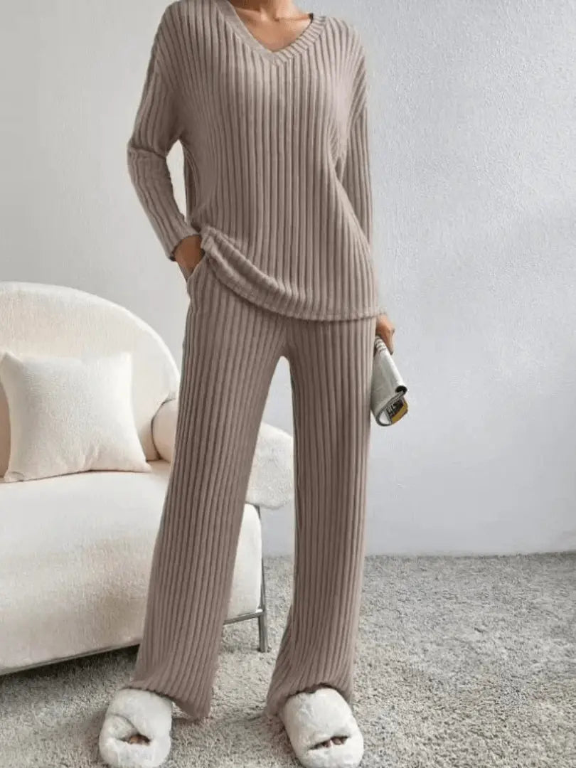 Ribbed Knit Lounge Wear Set — V-Neck Long Sleeve Top 5