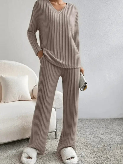 Ribbed Knit Lounge Wear Set — V-Neck Long Sleeve Top 5