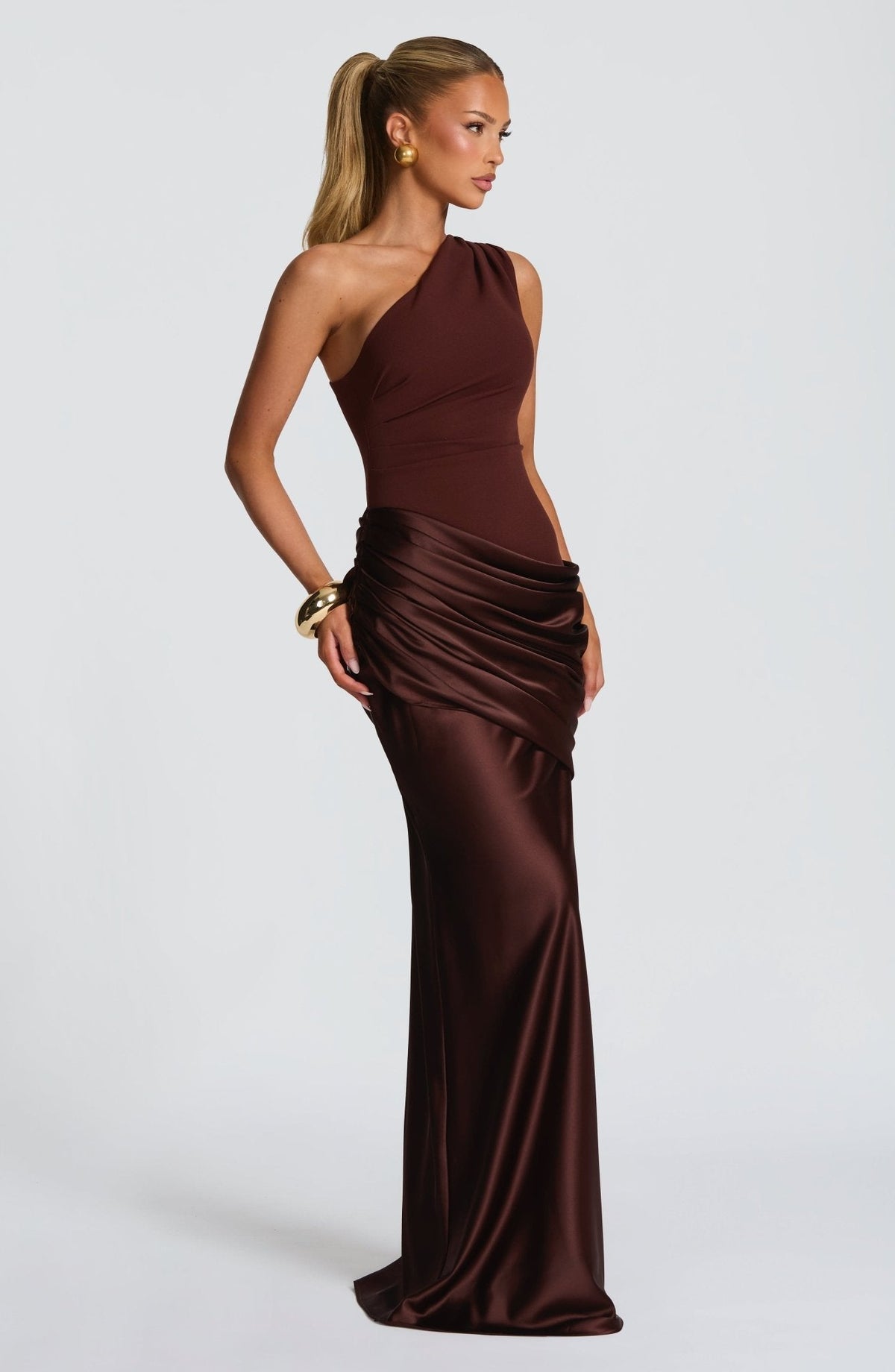 One-Shoulder Ruched Maxi Wedding Guest Dress in Brown 3