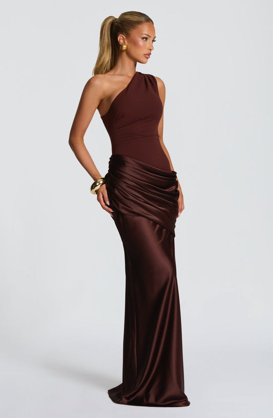 One-Shoulder Ruched Maxi Wedding Guest Dress in Brown 3