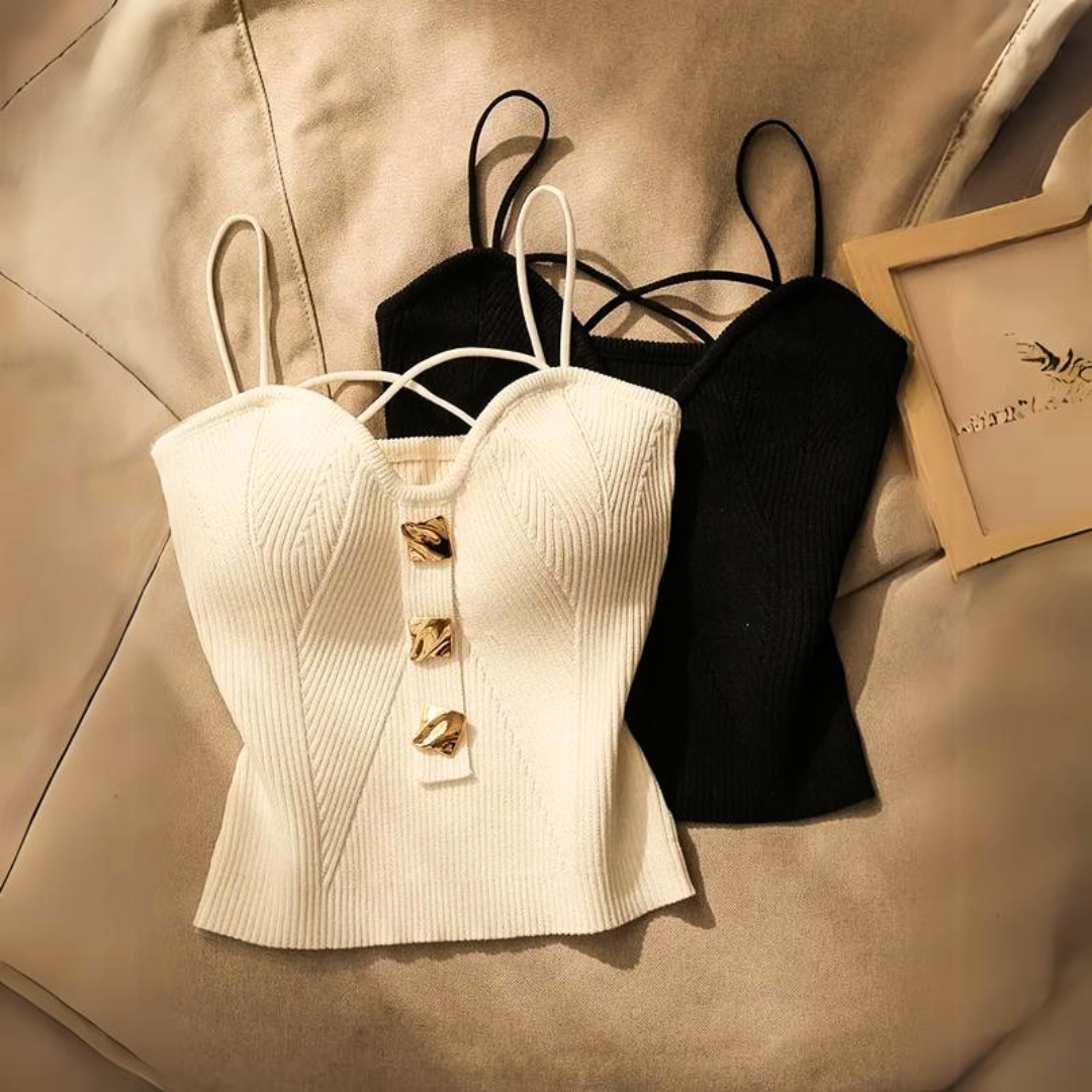 Ribbed Knit Corset Top with Gold Hardware — White & Black 2