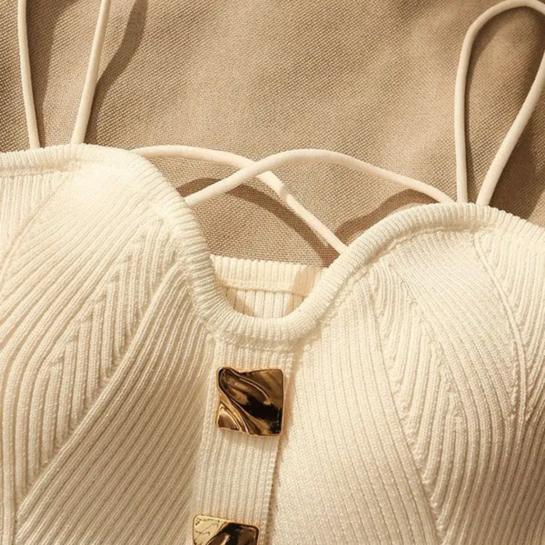 Ribbed Knit Corset Top with Gold Hardware — White & Black 3