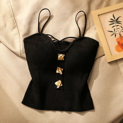 Ribbed Knit Corset Top with Gold Hardware — White & Black 4