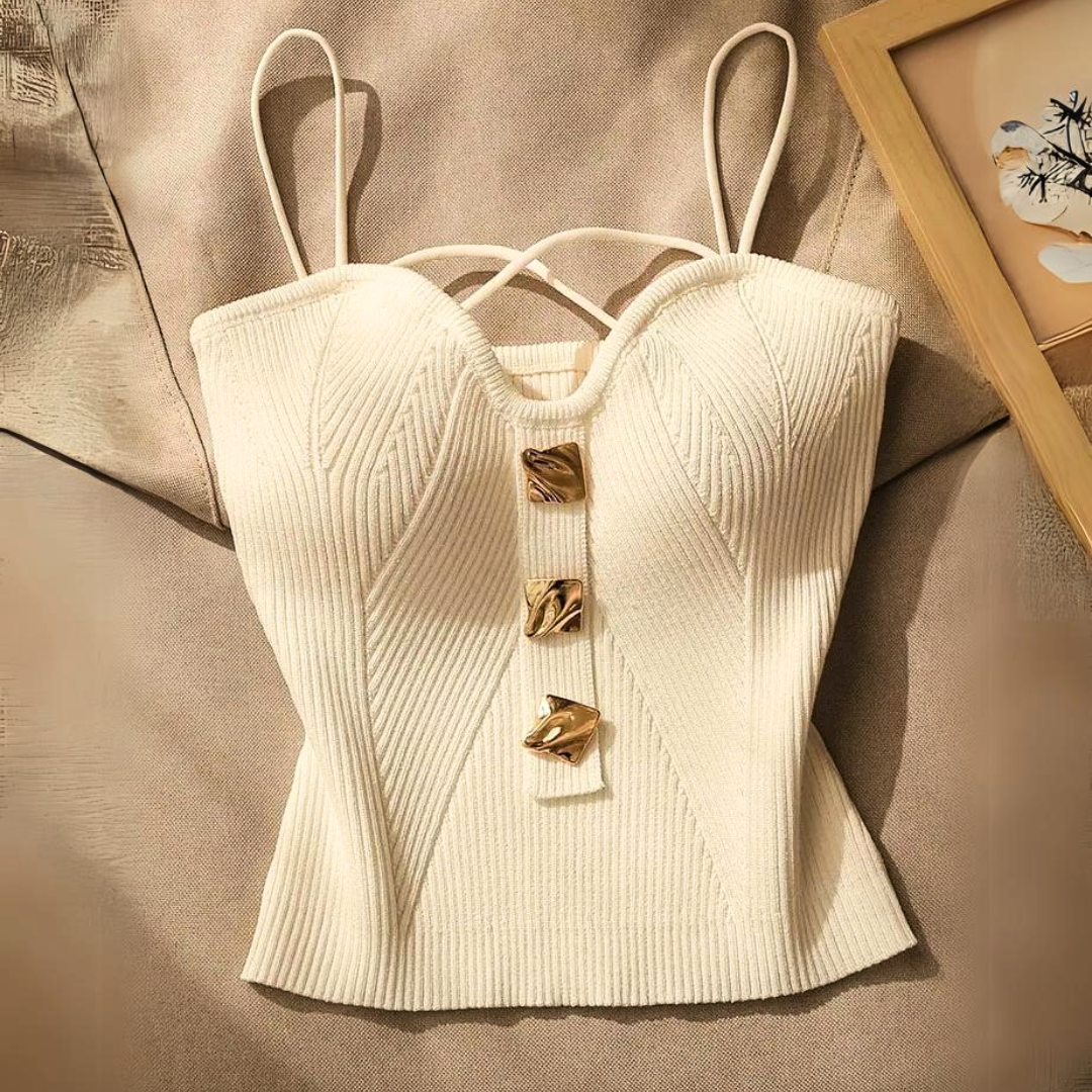 Ribbed Knit Corset Top with Gold Hardware — White & Black 1