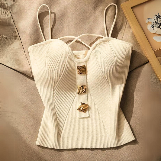 Ribbed Knit Corset Top with Gold Hardware — White & Black 1