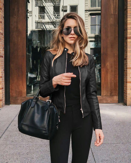 Slim Fit Zip-Up Faux Leather Jacket in Black — UK 8–22 2