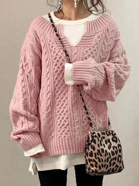 Cable-Knit V-Neck Knit Top