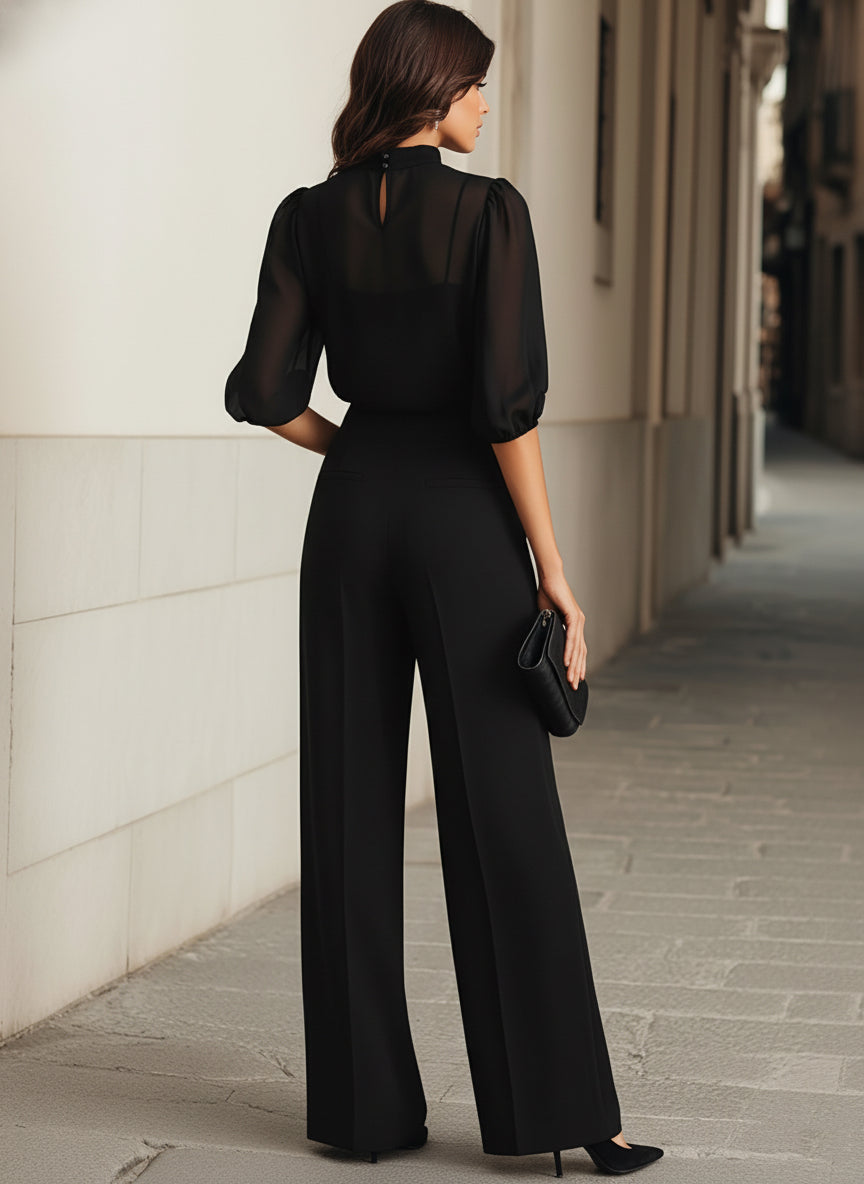 Wide Leg Jumpsuit with Sheer Puff Sleeves — Floor Length 2