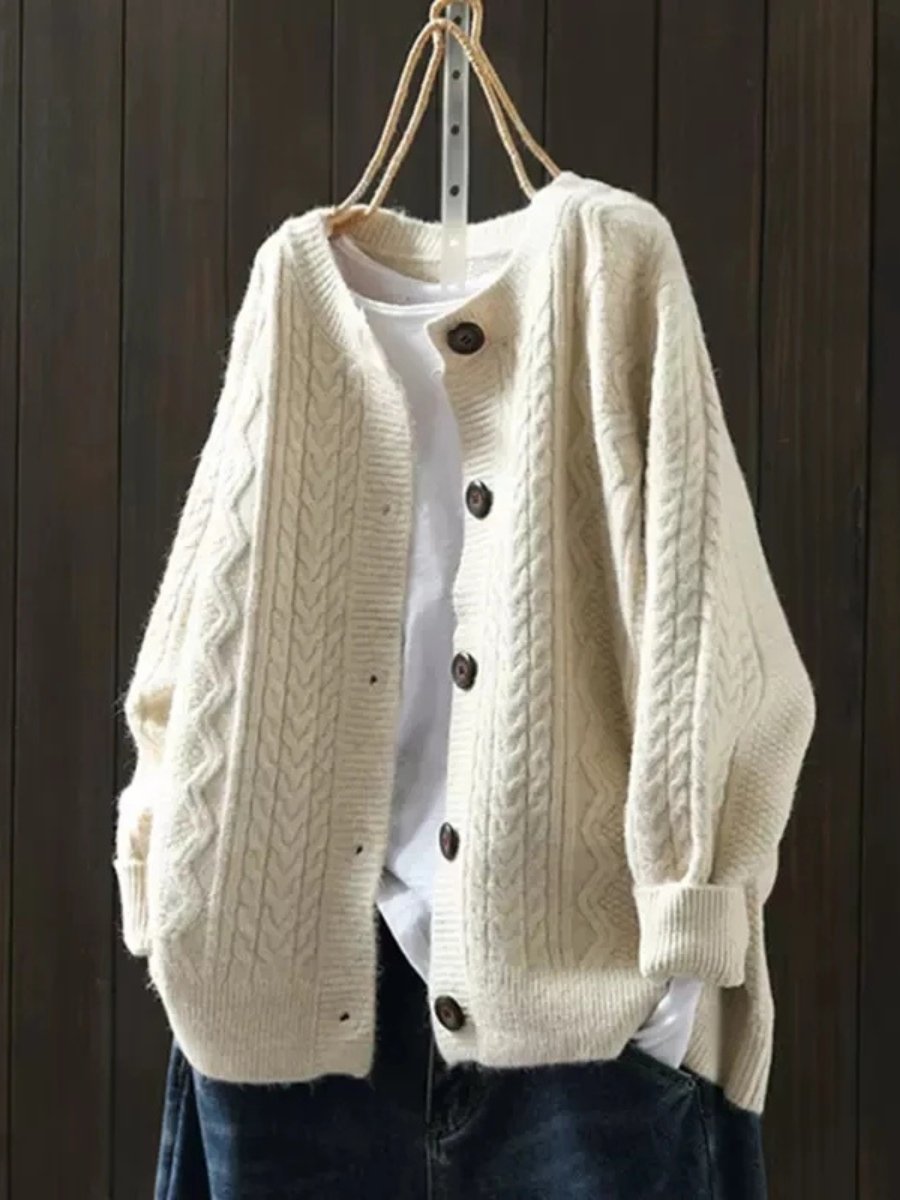 Women's Oversized Cable-Knit Button-Down Cardigan in Beige 2