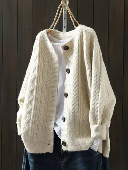Women's Oversized Cable-Knit Button-Down Cardigan in Beige 2