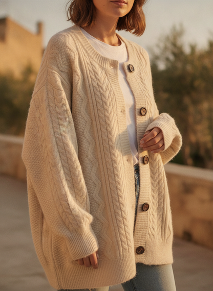 Women's Oversized Cable-Knit Button-Down Cardigan in Beige 1