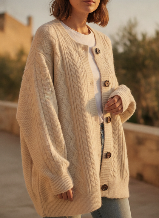 Women's Oversized Cable-Knit Button-Down Cardigan in Beige 1