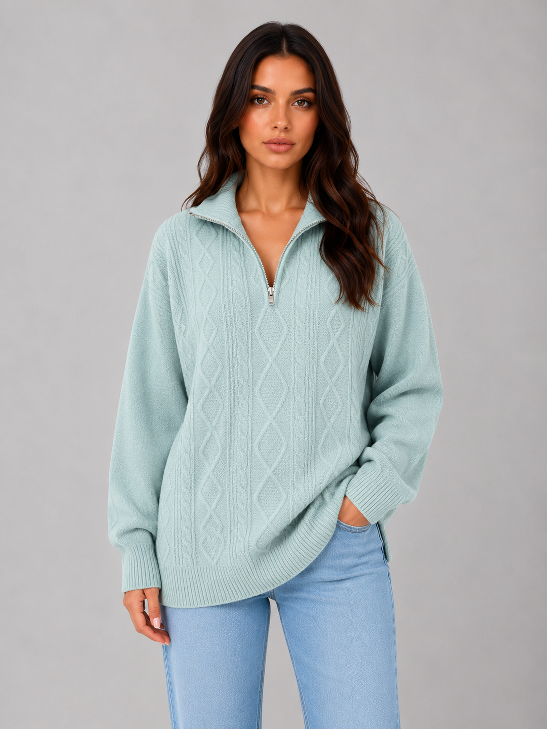 Womens Cable Knit Half-Zip Funnel Neck Jumper 5