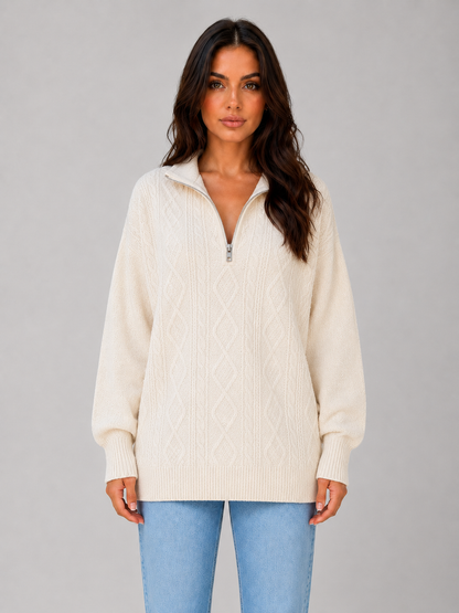 Womens Cable Knit Half-Zip Funnel Neck Jumper 1