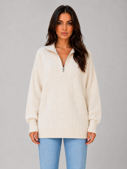 Womens Cable Knit Half-Zip Funnel Neck Jumper 1