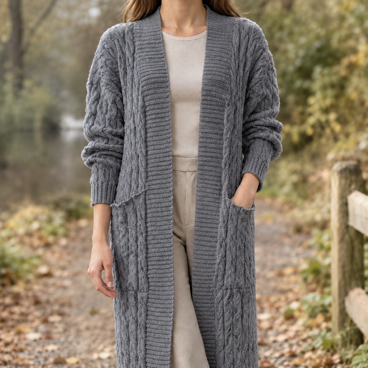 Womens Cable Knit Longline Cardigan — Open Front, Ankle Length 3